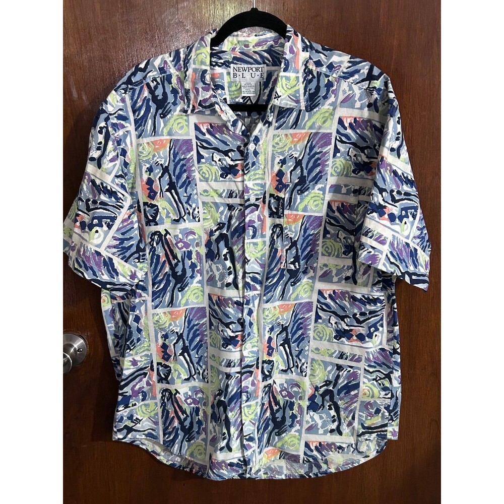 Vintage Newport Blue Men's sz L Short Sleeve Button Down 100% Cotton Shirt